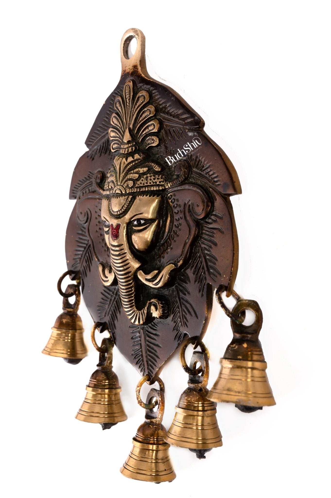 Handmade Pure Brass Ganesh Face Wall Hanging with Bells 10"