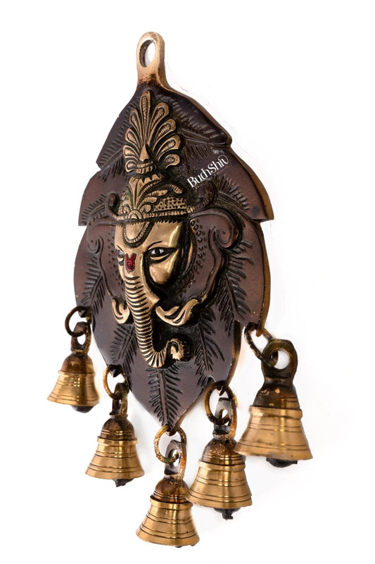 Handmade Pure Brass Ganesh Face Wall Hanging with Bells 10"