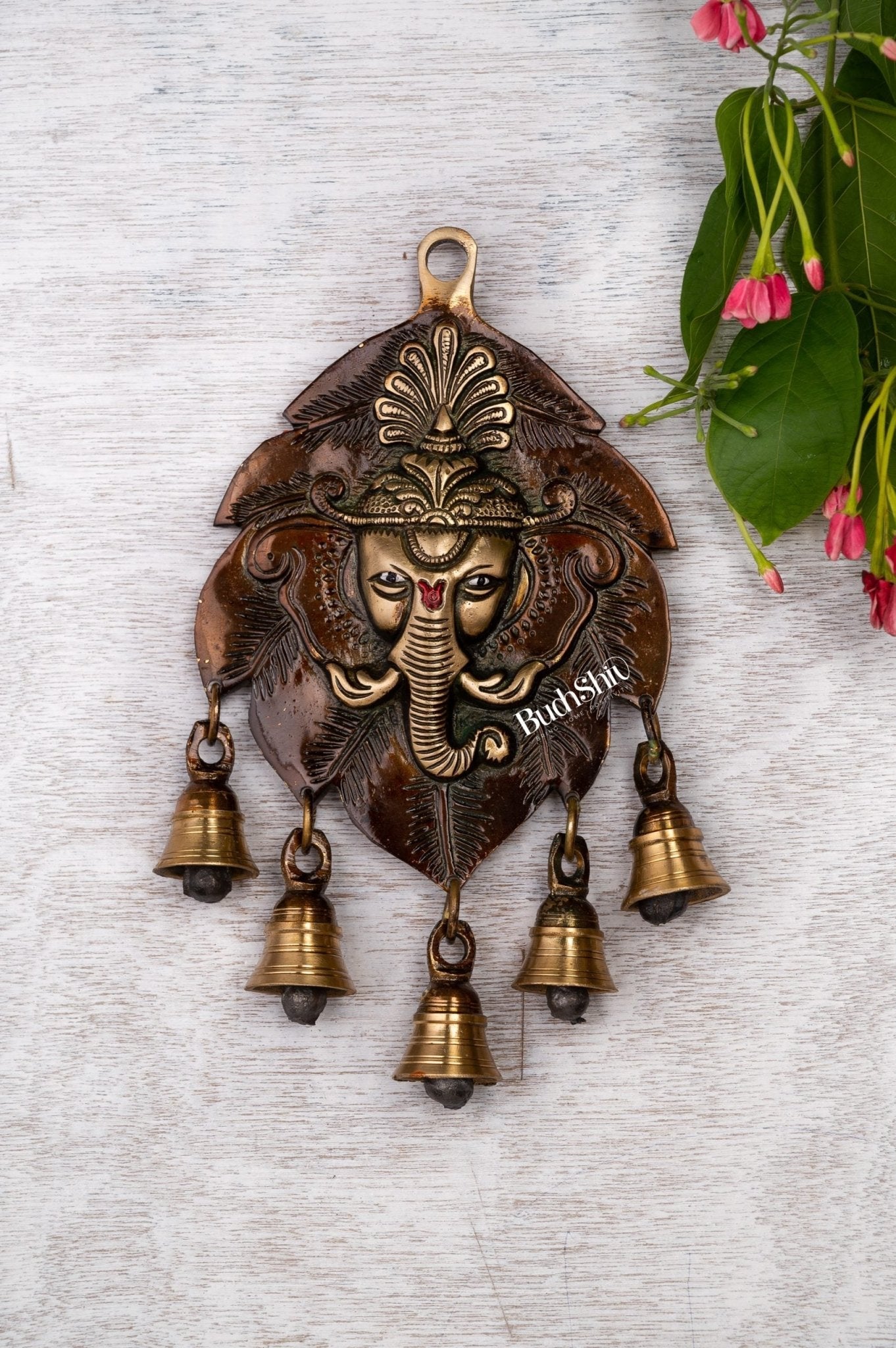 Handmade Pure Brass Ganesh Face Wall Hanging with Bells 10"