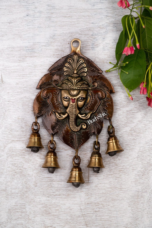 Handmade Pure Brass Ganesh Face Wall Hanging with Bells 10"