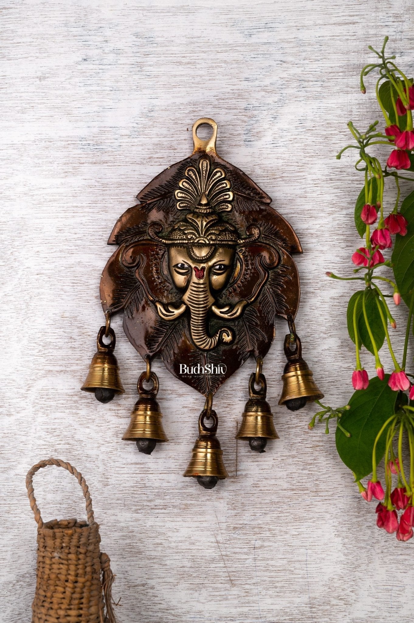 Handmade Pure Brass Ganesh Face Wall Hanging with Bells 10"