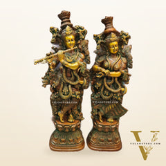 Handmade Radhakrishna Idol with Antique Brown Patina 29 inch
