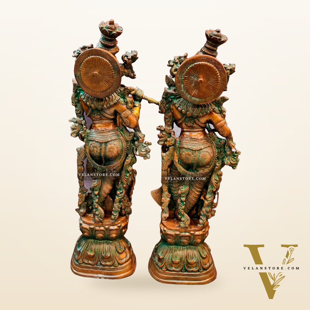 Handmade Radhakrishna Idol with Antique Brown Patina 29 inch