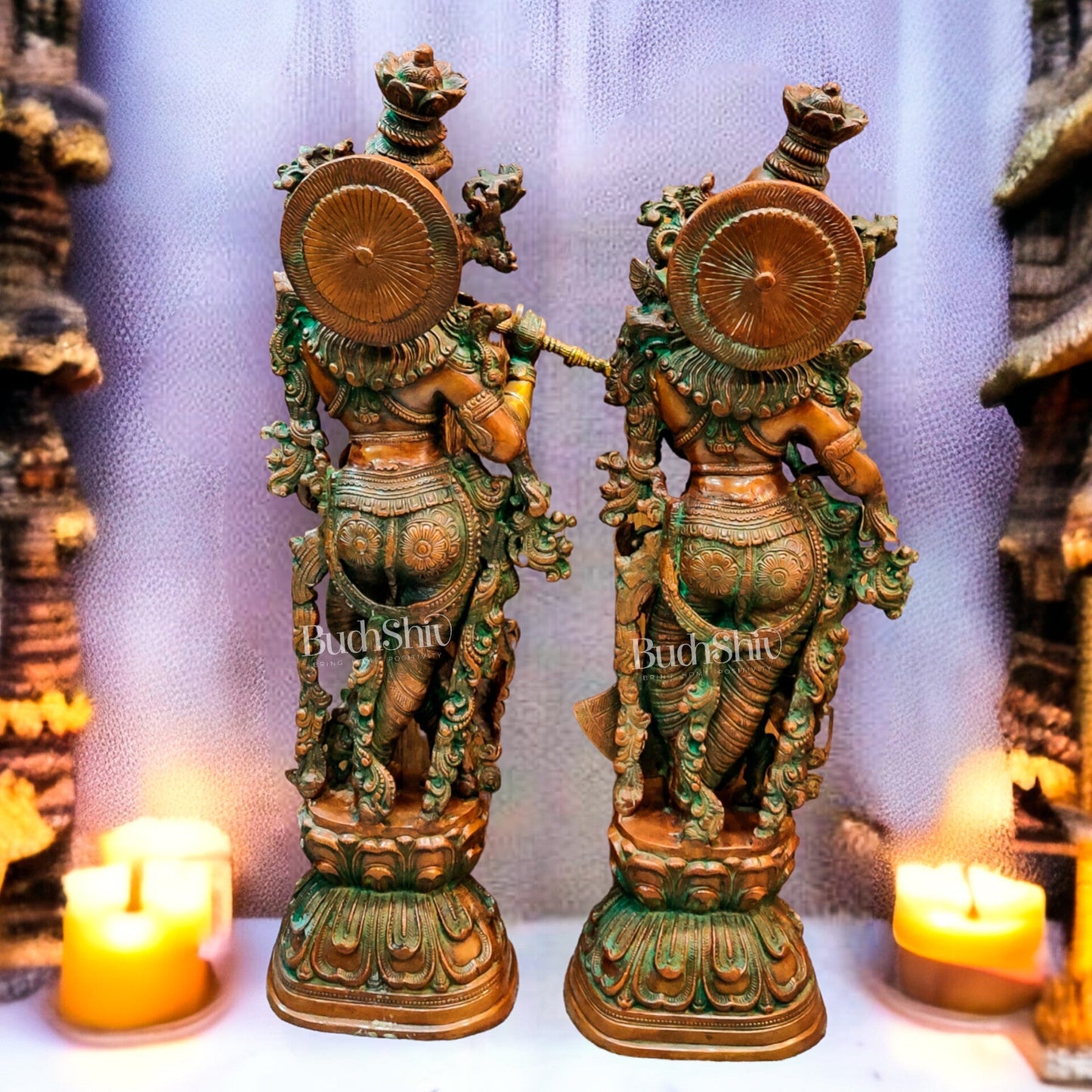 Handmade Radhakrishna Idol with Antique Brown Patina 29 inch