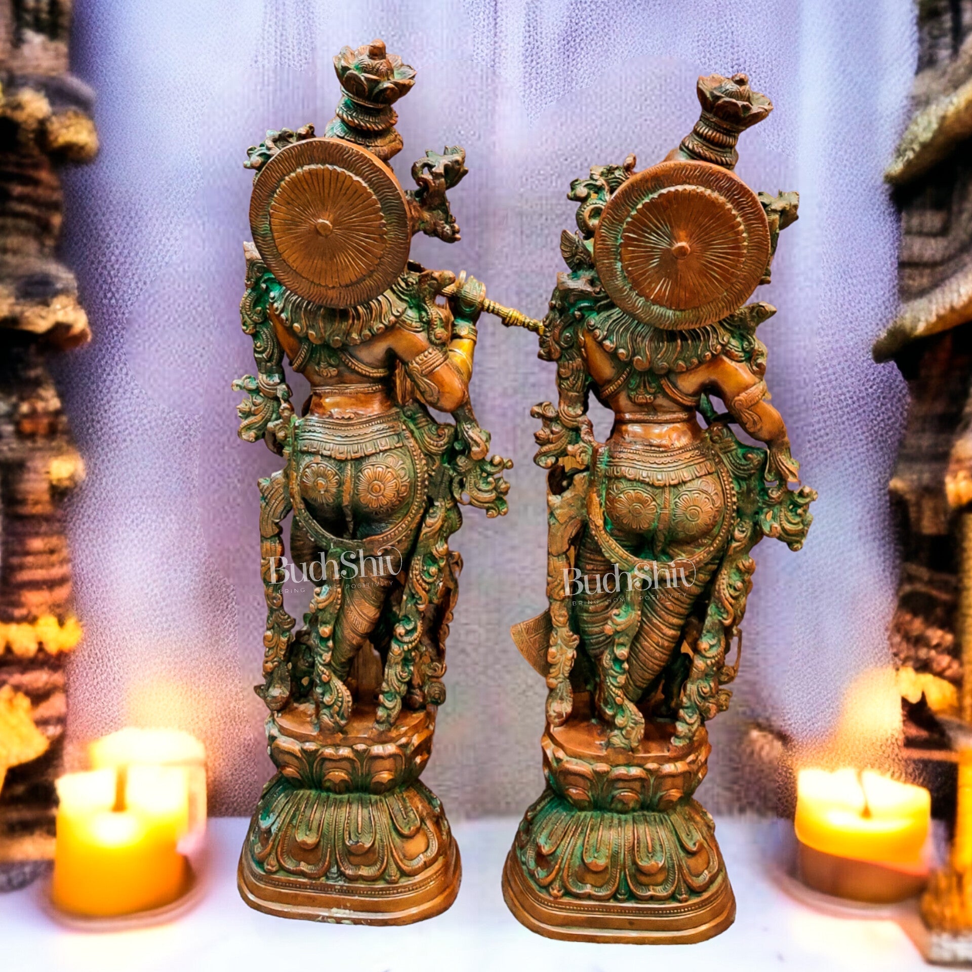 Handmade Radhakrishna Idol with Antique Brown Patina 29 inch