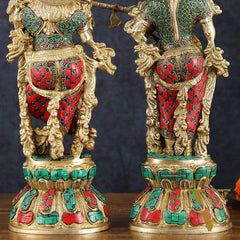 Handmade Radhakrishna Idol with Meenakari Stonework – 18" Height