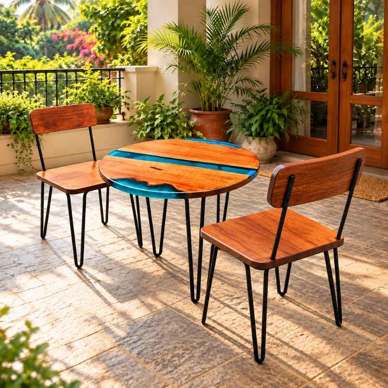 Handmade Round Live Edge Epoxy Coffee Table Set with 2 Chairs, Solid Wood Table with Blue Resin, Metal Hairpin Legs, Custom Size Furniture Set