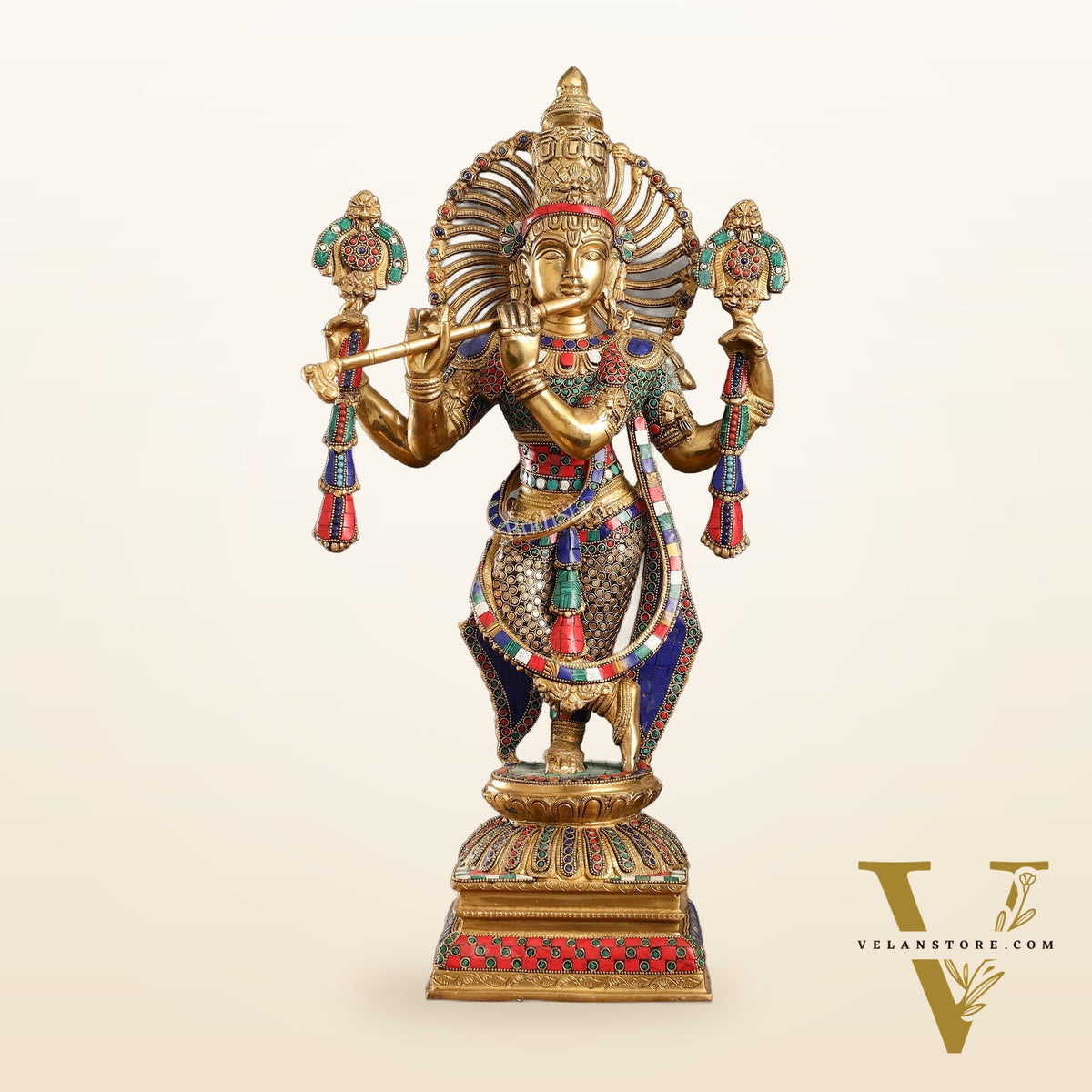 Handmade Superfine Brass Krishna Charbhuja Statue with Shankh and Chakra - 24-inch