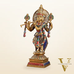 Handmade Superfine Brass Krishna Charbhuja Statue with Shankh and Chakra - 24-inch