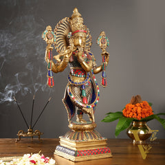 Handmade Superfine Brass Krishna Charbhuja Statue with Shankh and Chakra - 24-inch