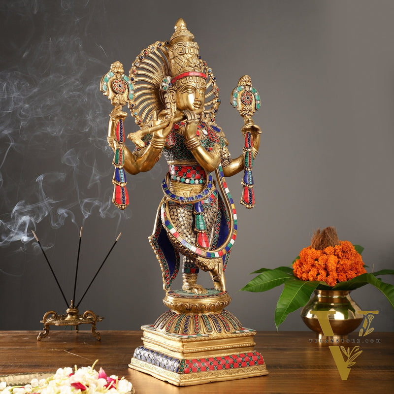 Handmade Superfine Brass Krishna Charbhuja Statue with Shankh and Chakra - 24-inch