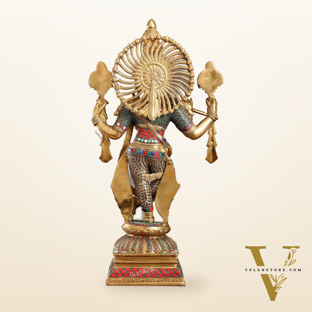Handmade Superfine Brass Krishna Charbhuja Statue with Shankh and Chakra - 24-inch