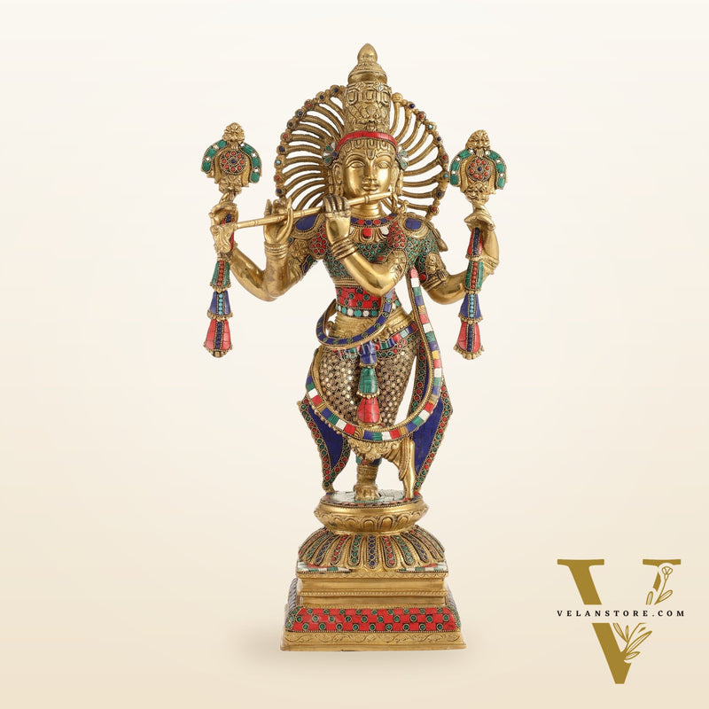 Handmade Superfine Brass Krishna Charbhuja Statue with Shankh and Chakra - 24-inch