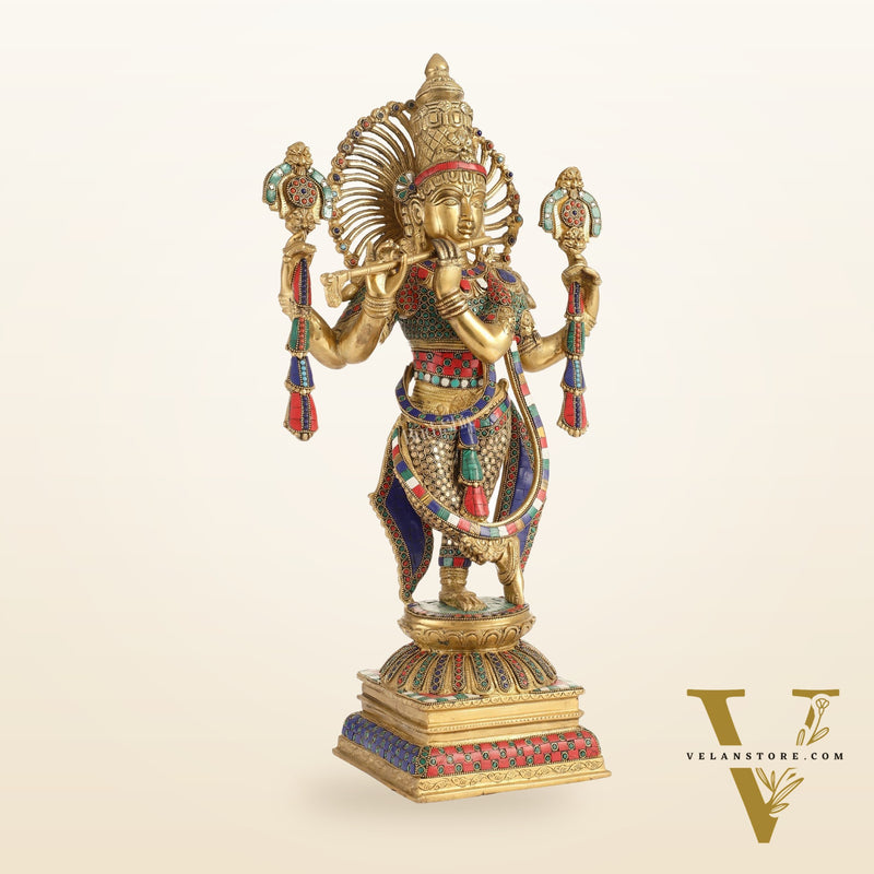 Handmade Superfine Brass Krishna Charbhuja Statue with Shankh and Chakra - 24-inch