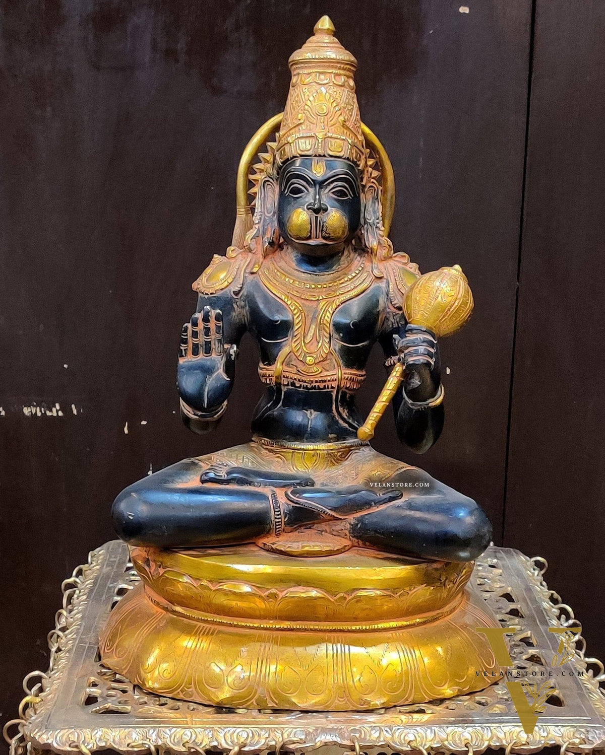 Handmade Superfine Brass Lord Hanuman Statue Black Stone Finish | 16"