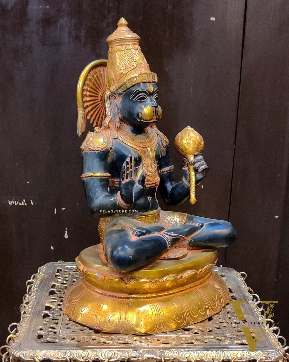 Handmade Superfine Brass Lord Hanuman Statue Black Stone Finish | 16"