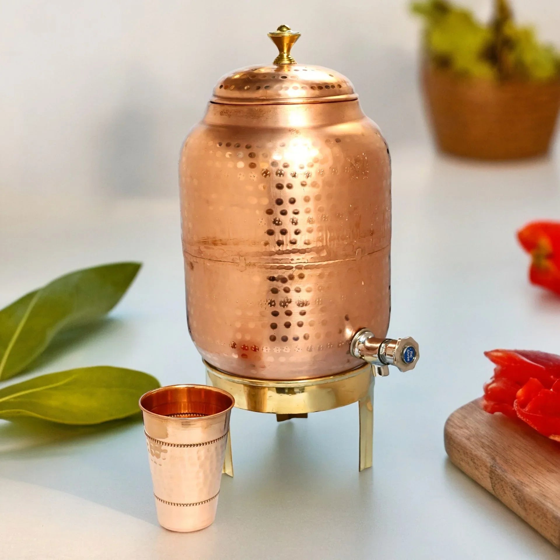 Handmade Pure Copper Stylish Dispenser With Stand and Glass