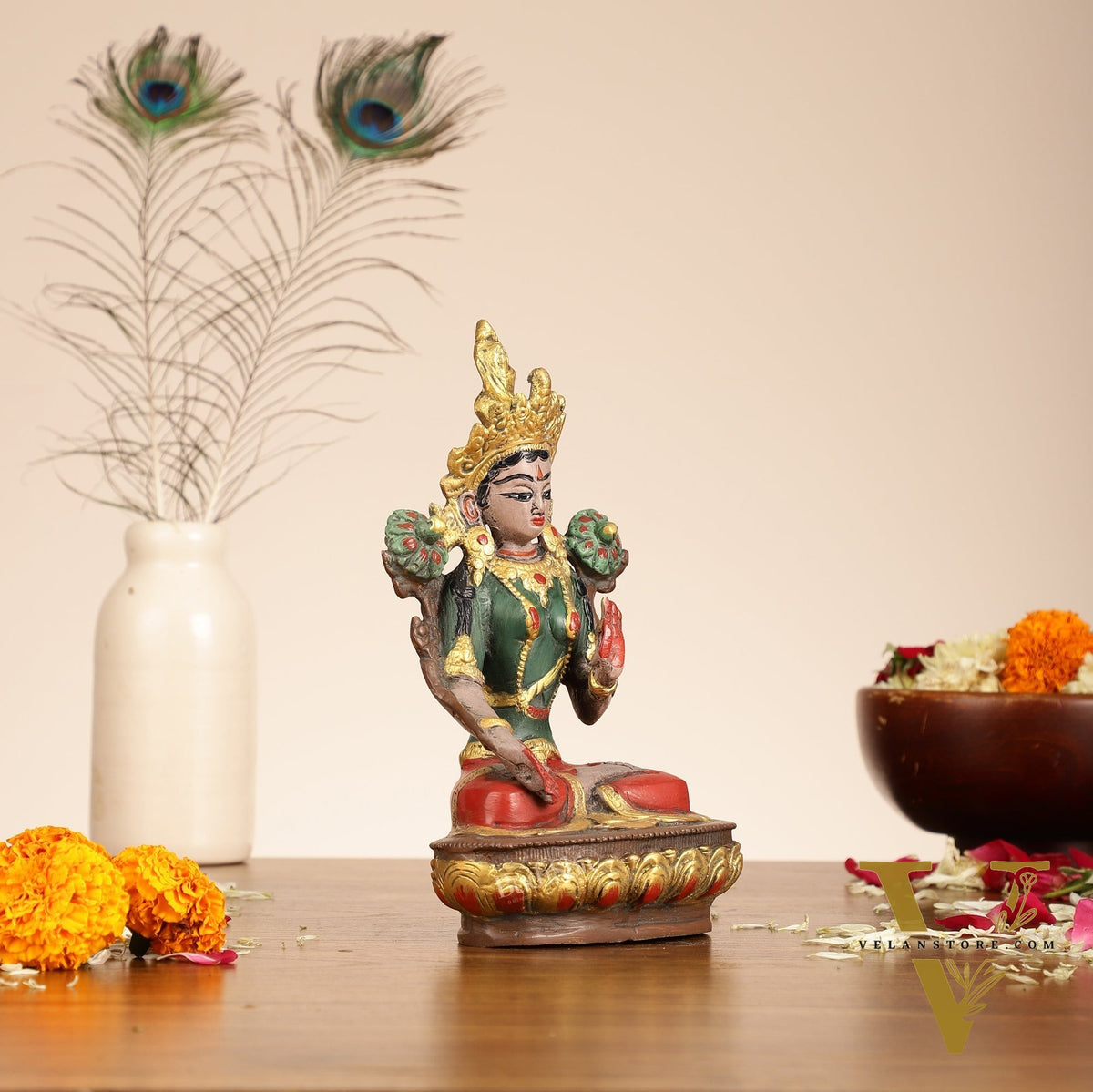 Handpainted Brass White Tara Idol | 8.5"