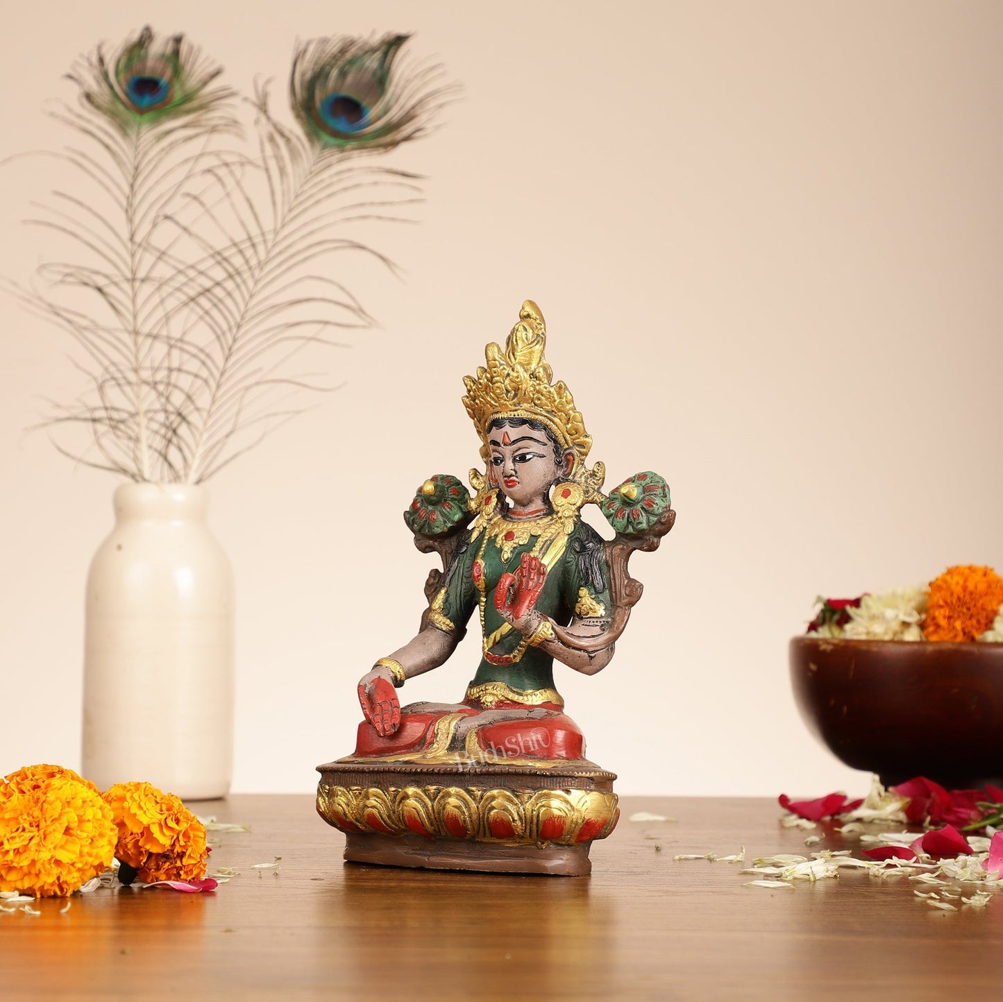 Handpainted Brass White Tara Idol | 8.5"