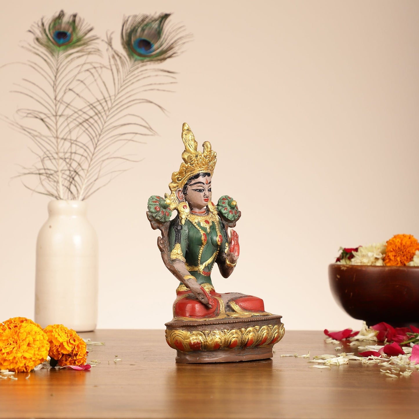 Handpainted Brass White Tara Idol | 8.5"