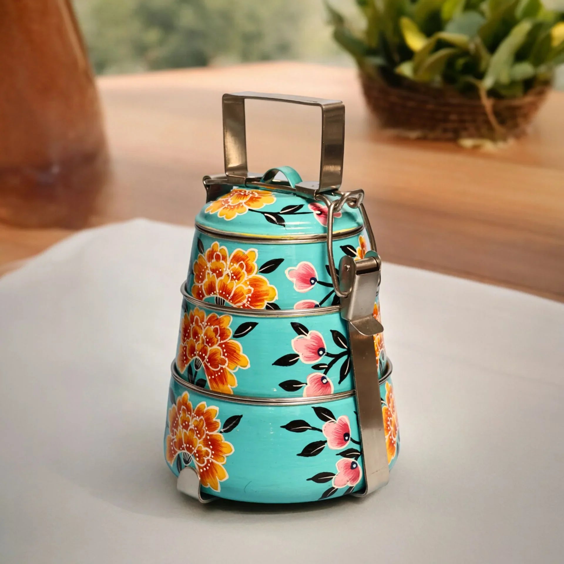 Shri-badri Hand Painted 3 Tier Steel tiffin Box - Blue