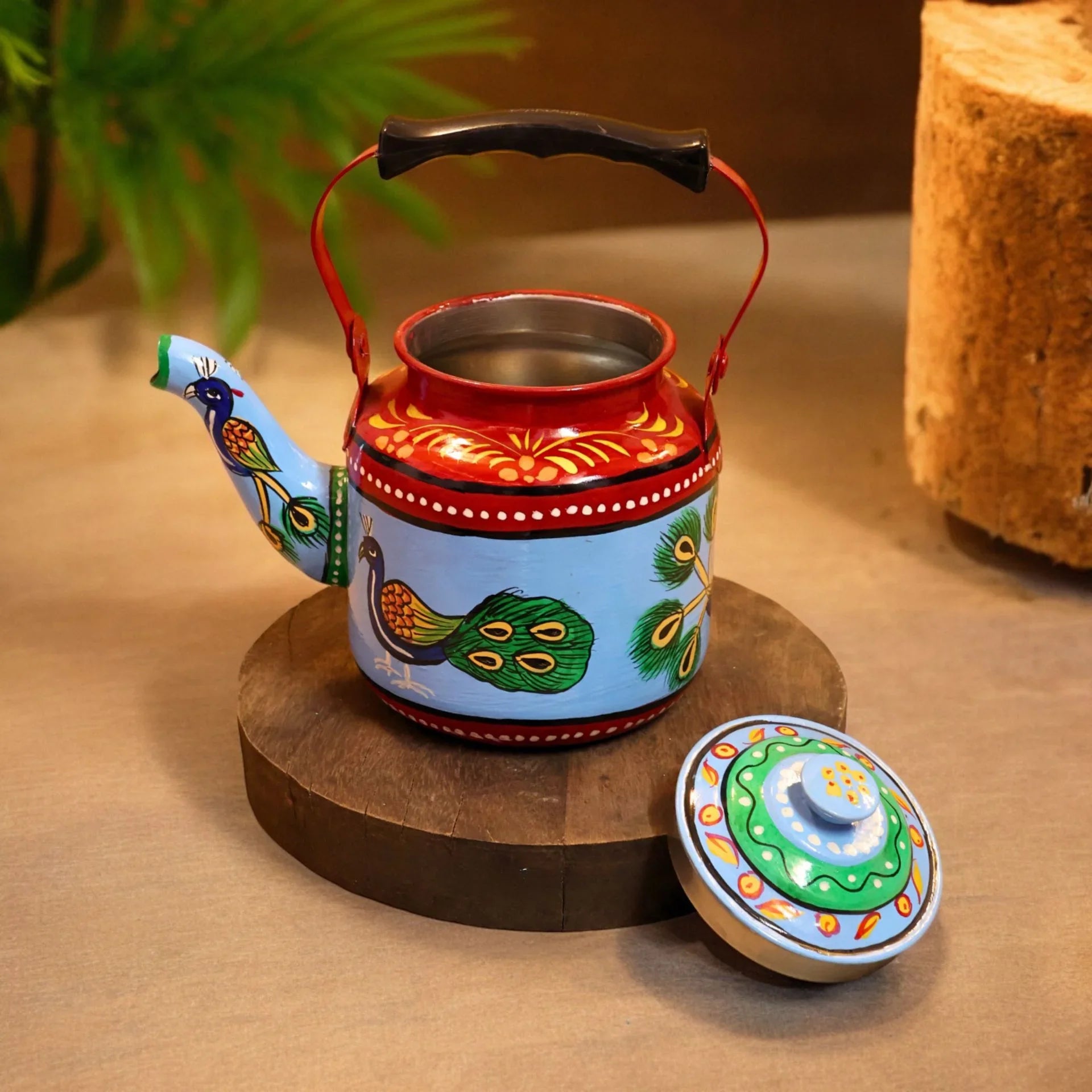 Hand Painted Steel Tea Kettle - Peacock Design