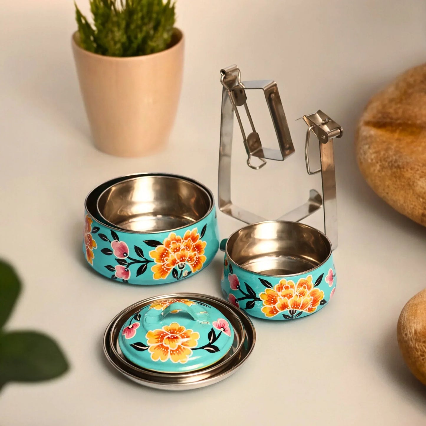 Shri-badri Hand Painted 3 Tier Steel tiffin Box - Blue