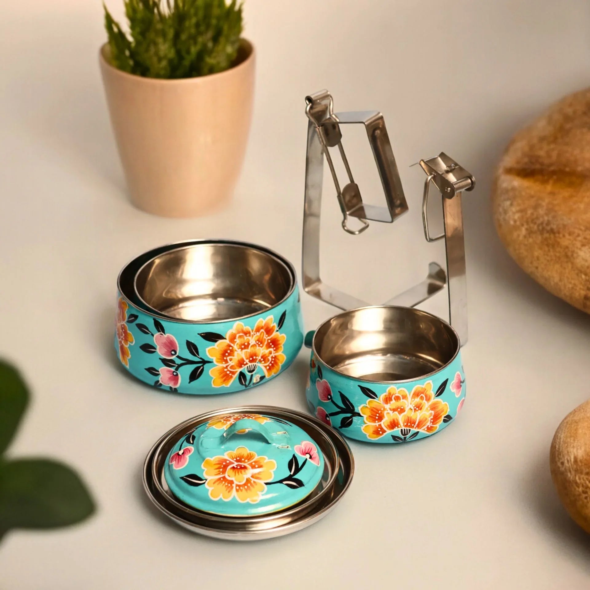 Shri-badri Hand Painted 3 Tier Steel tiffin Box - Blue