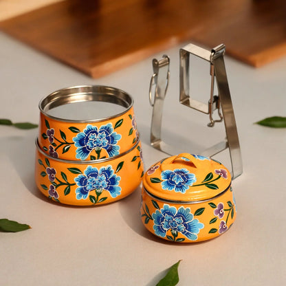 Shri-badri Hand Painted 3 Tier Steel Lunch Box - Yellow