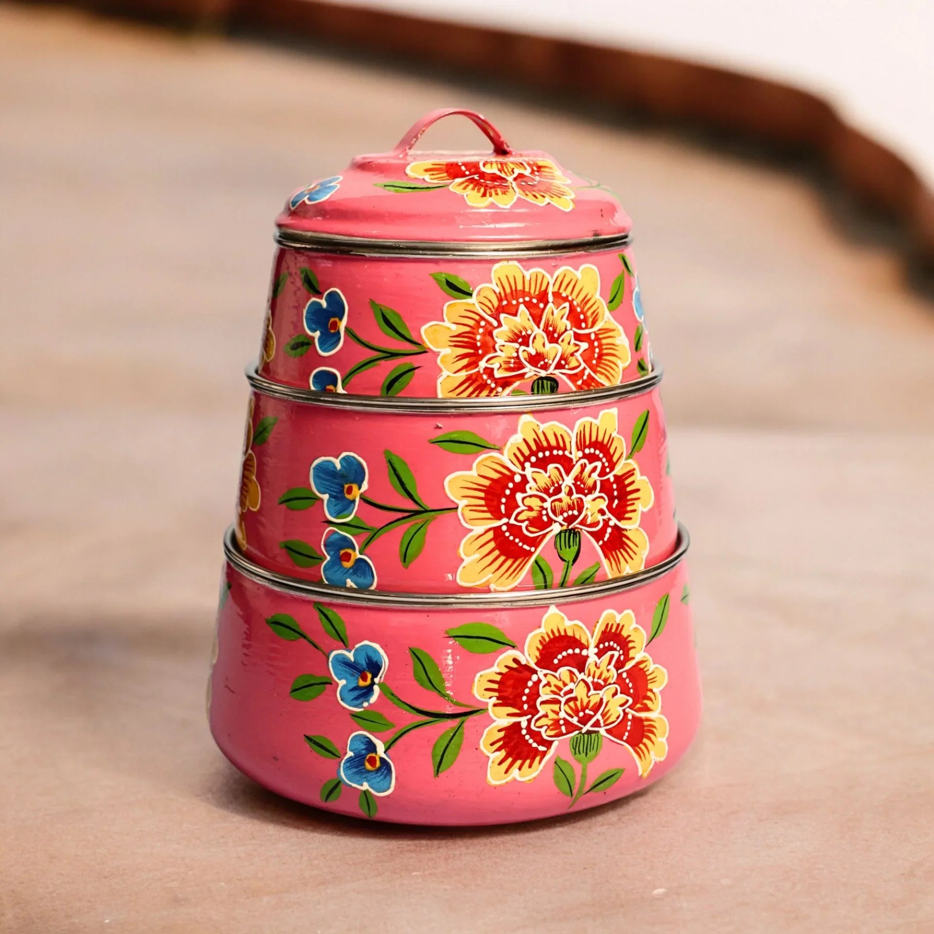 Shri-badri Hand Painted 3 Tier Steel Lunch Box - pink