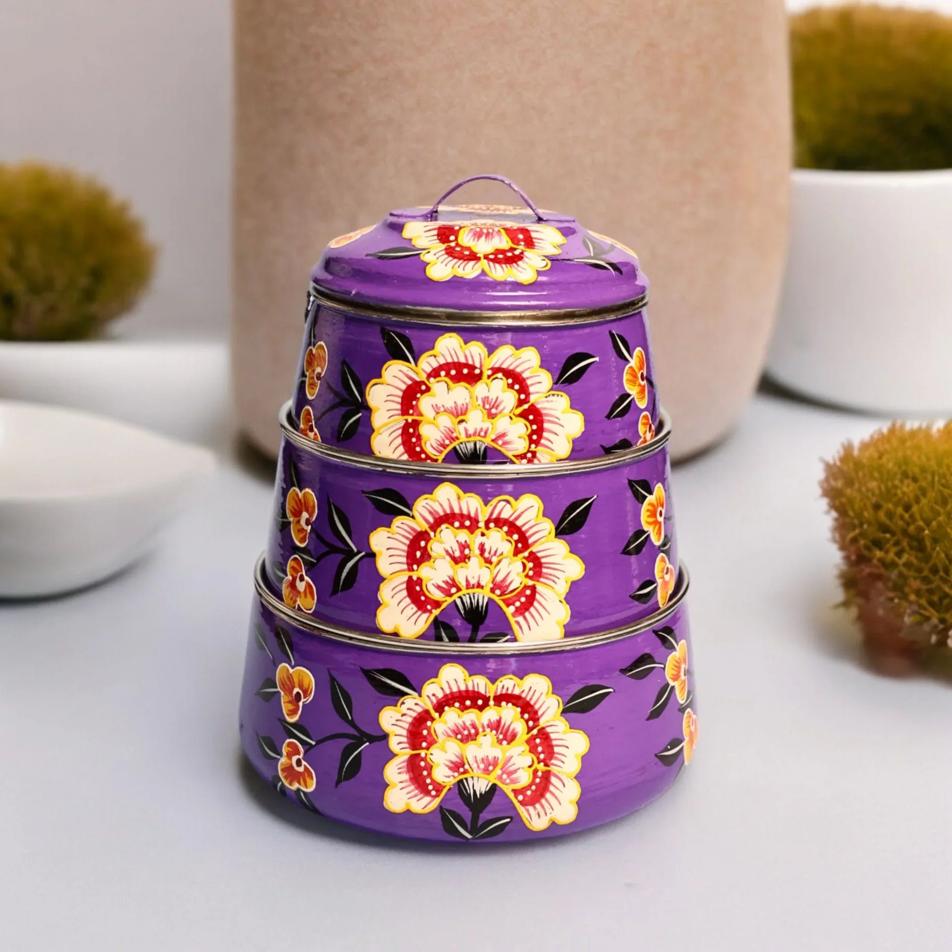 Shri-badri Hand Painted 3 Tier Steel tiffin Box - Purple