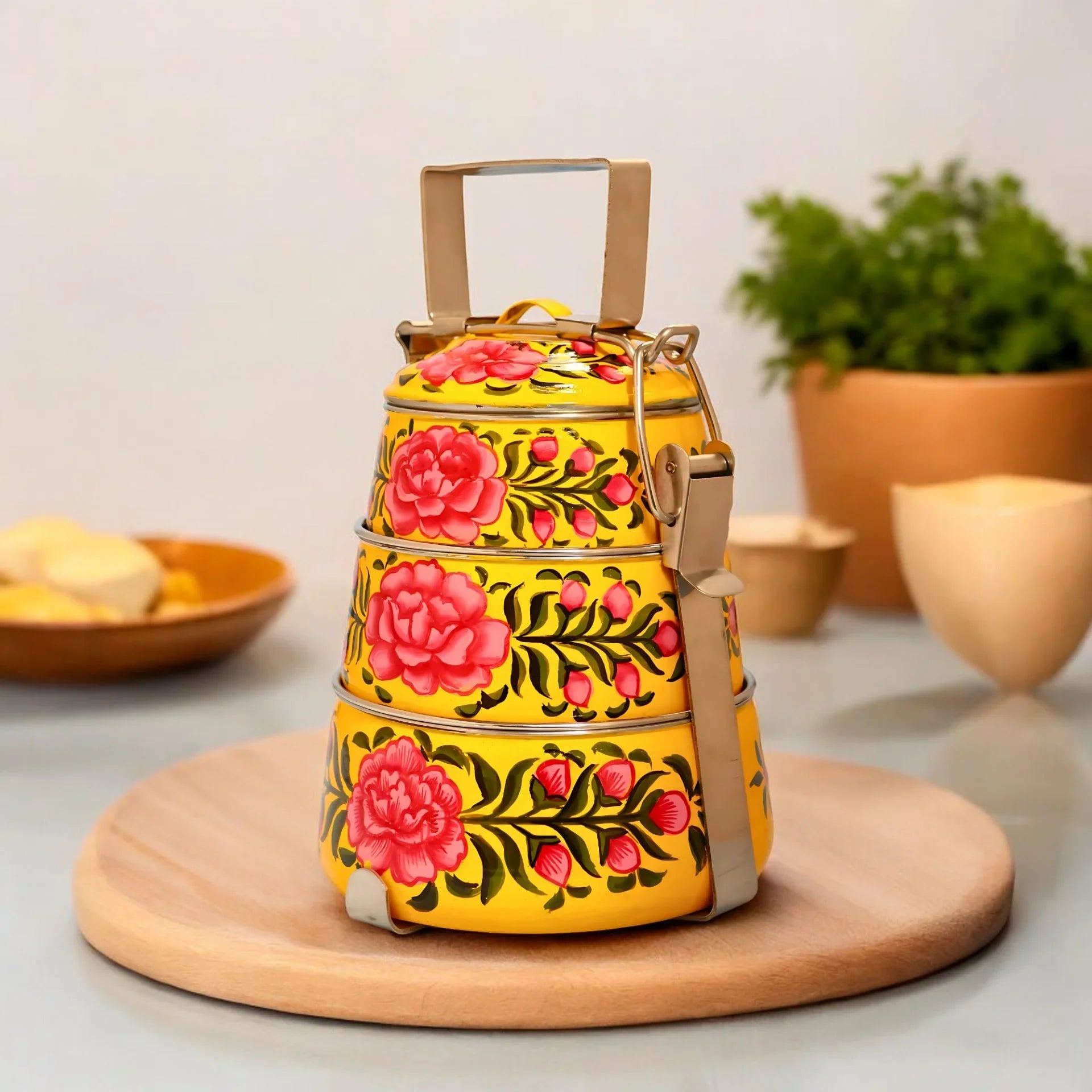 Shri-badri Hand Painted 3 Tier Steel Lunch Box - Yellow With Rose