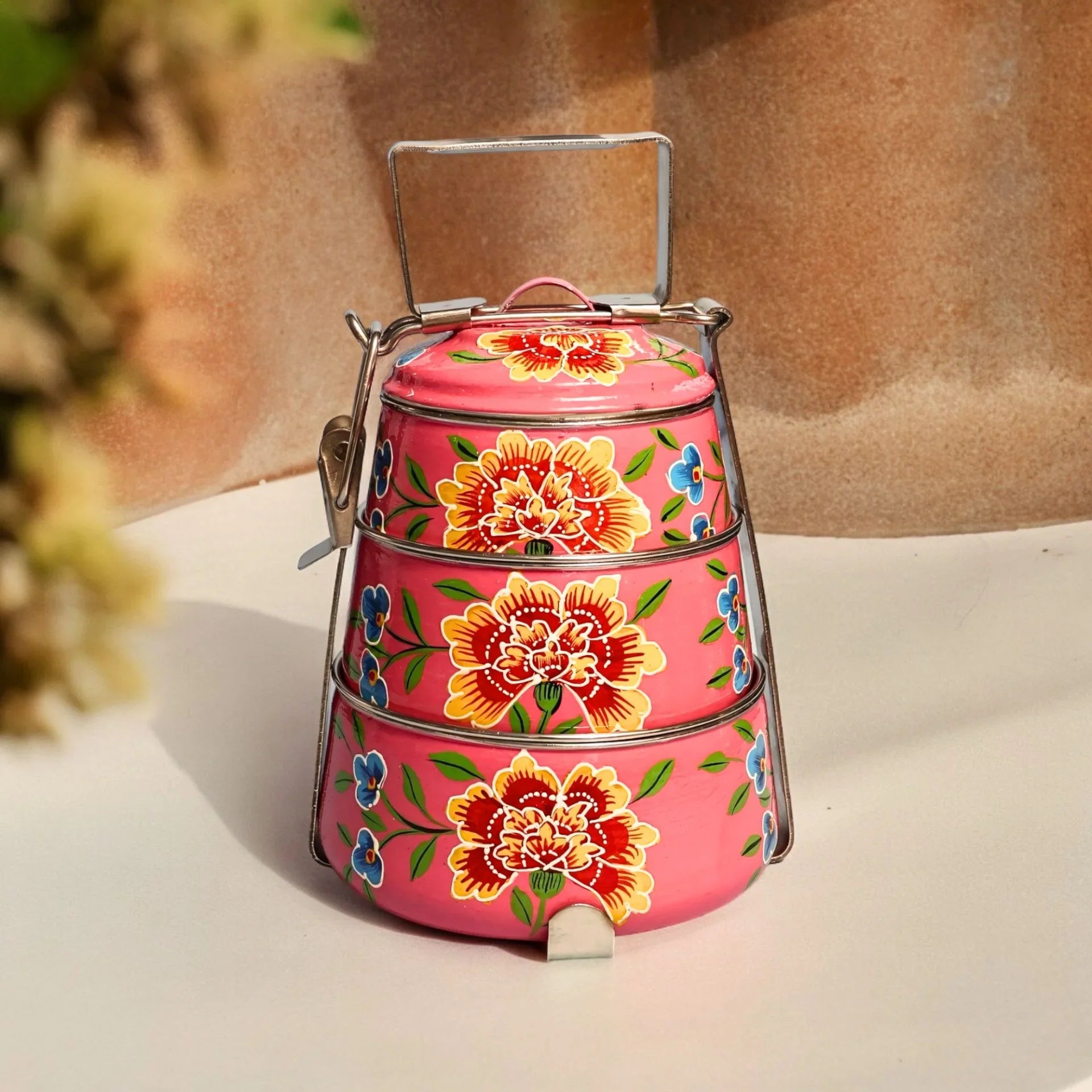 Shri-badri Hand Painted 3 Tier Steel Lunch Box - pink