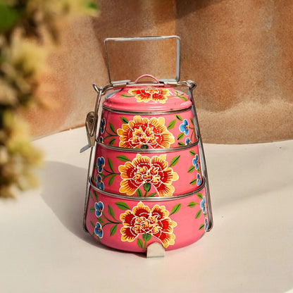 Shri-badri Hand Painted 3 Tier Steel Lunch Box - pink