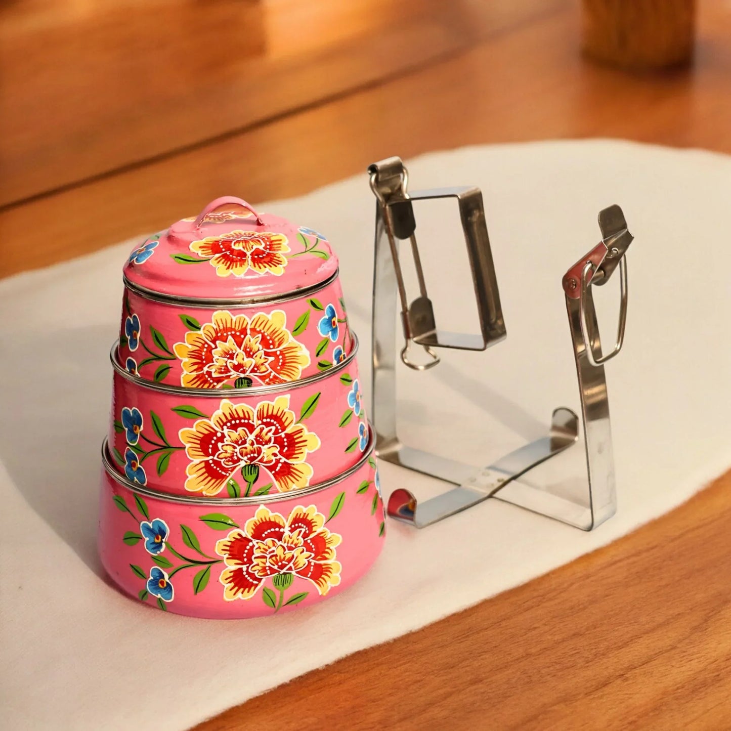 Shri-badri Hand Painted 3 Tier Steel Lunch Box - pink