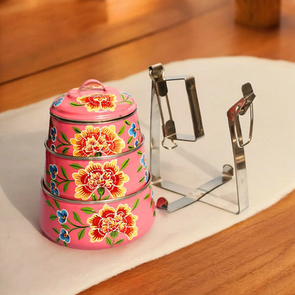 Shri-badri Hand Painted 3 Tier Steel Lunch Box - pink