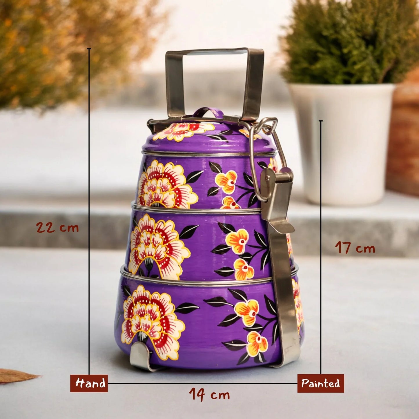 Shri-badri Hand Painted 3 Tier Steel tiffin Box - Purple