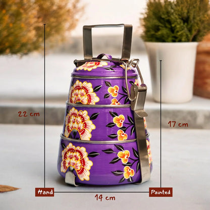 Shri-badri Hand Painted 3 Tier Steel tiffin Box - Purple