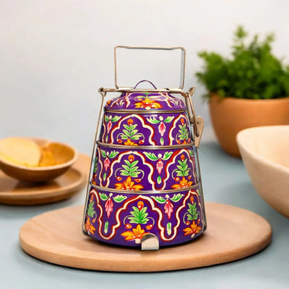 Shri-badri Hand Painted 3 Tier Steel Lunch Box - Purple