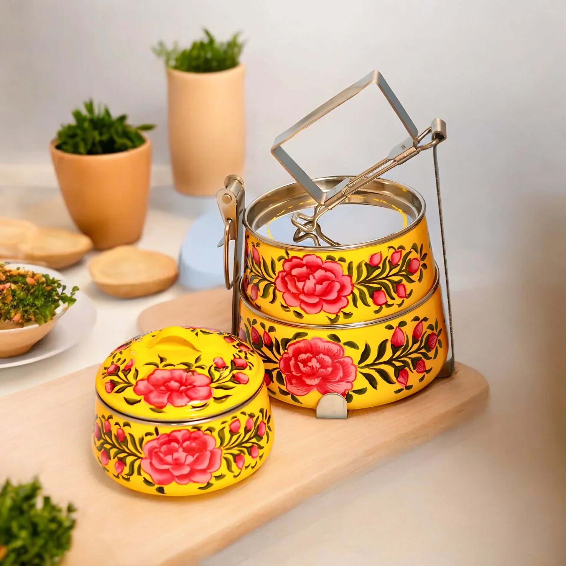 Shri-badri Hand Painted 3 Tier Steel Lunch Box - Yellow With Rose