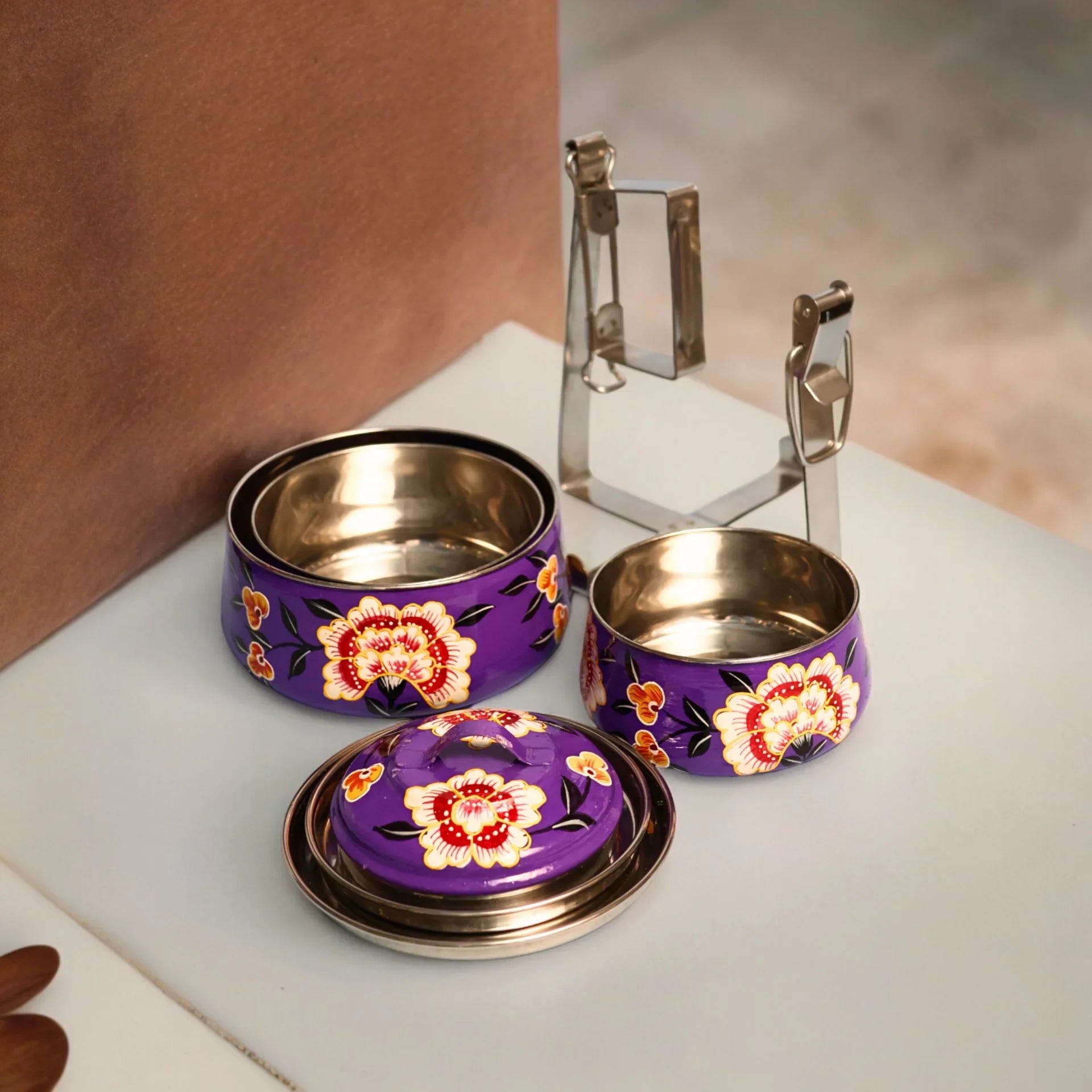 Shri-badri Hand Painted 3 Tier Steel tiffin Box - Purple