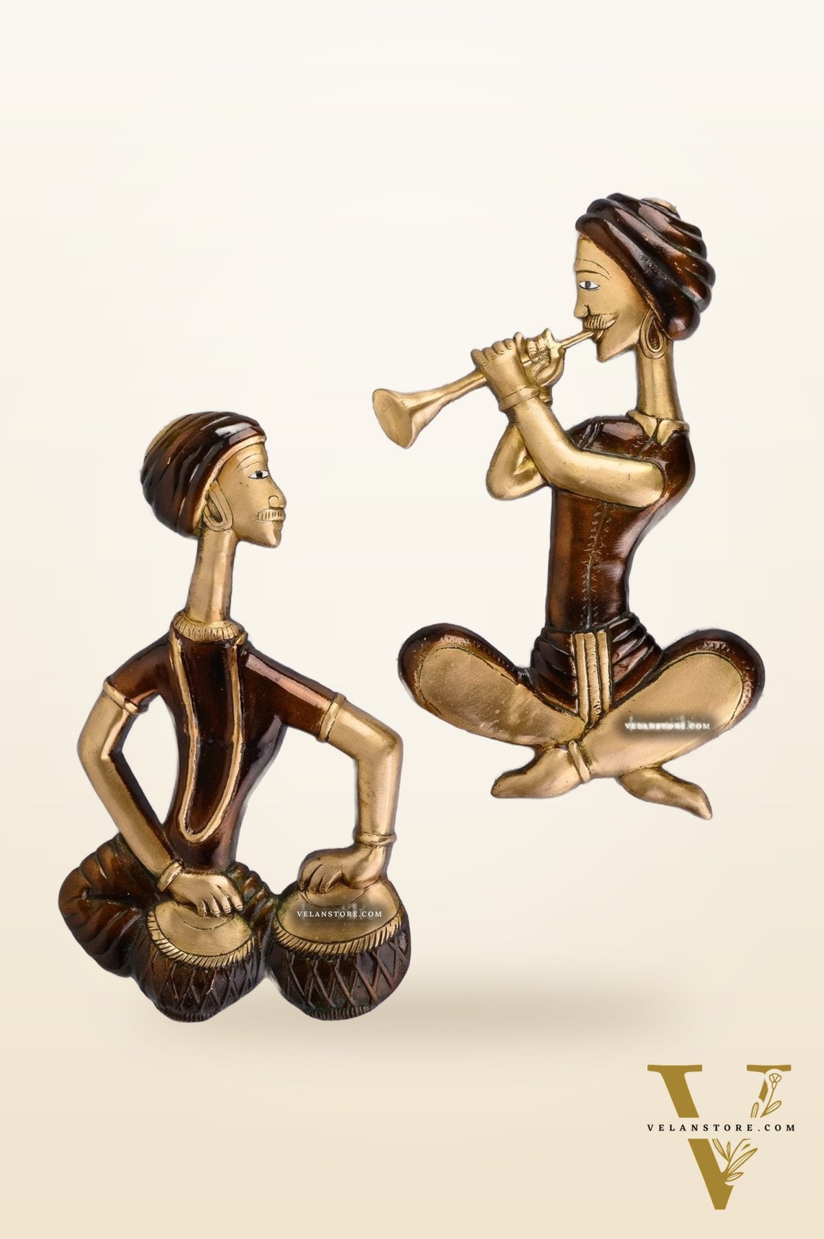 Hanging Musicians Set in Pure Brass - Set of 2 - Antique Finish Wall Decor