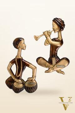 Hanging Musicians Set in Pure Brass - Set of 2 - Antique Finish Wall Decor