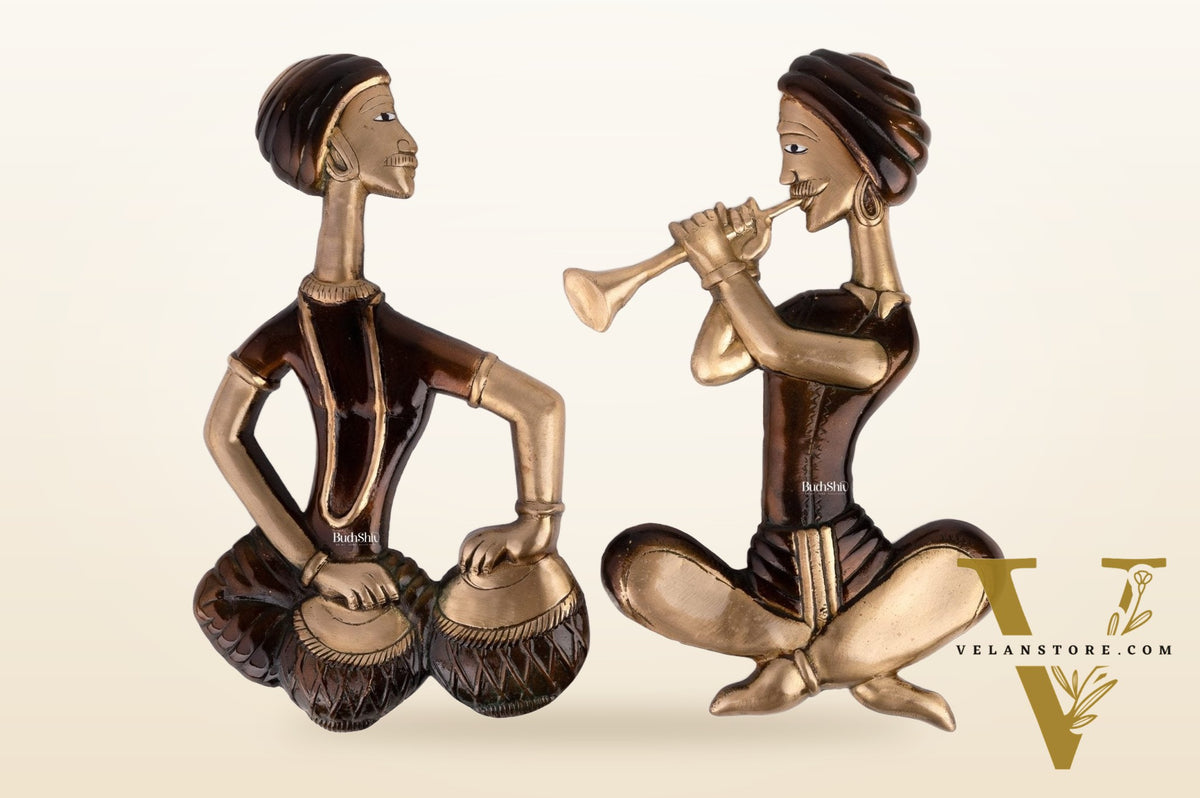 Hanging Musicians Set in Pure Brass - Set of 2 - Antique Finish Wall Decor