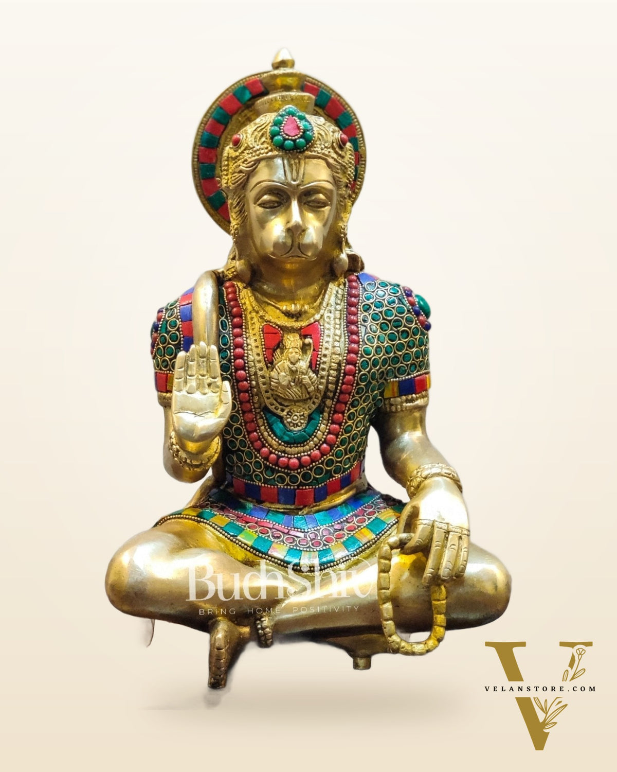 Hanuman Brass Idol in Aahirwaad mudra with stonework 11"