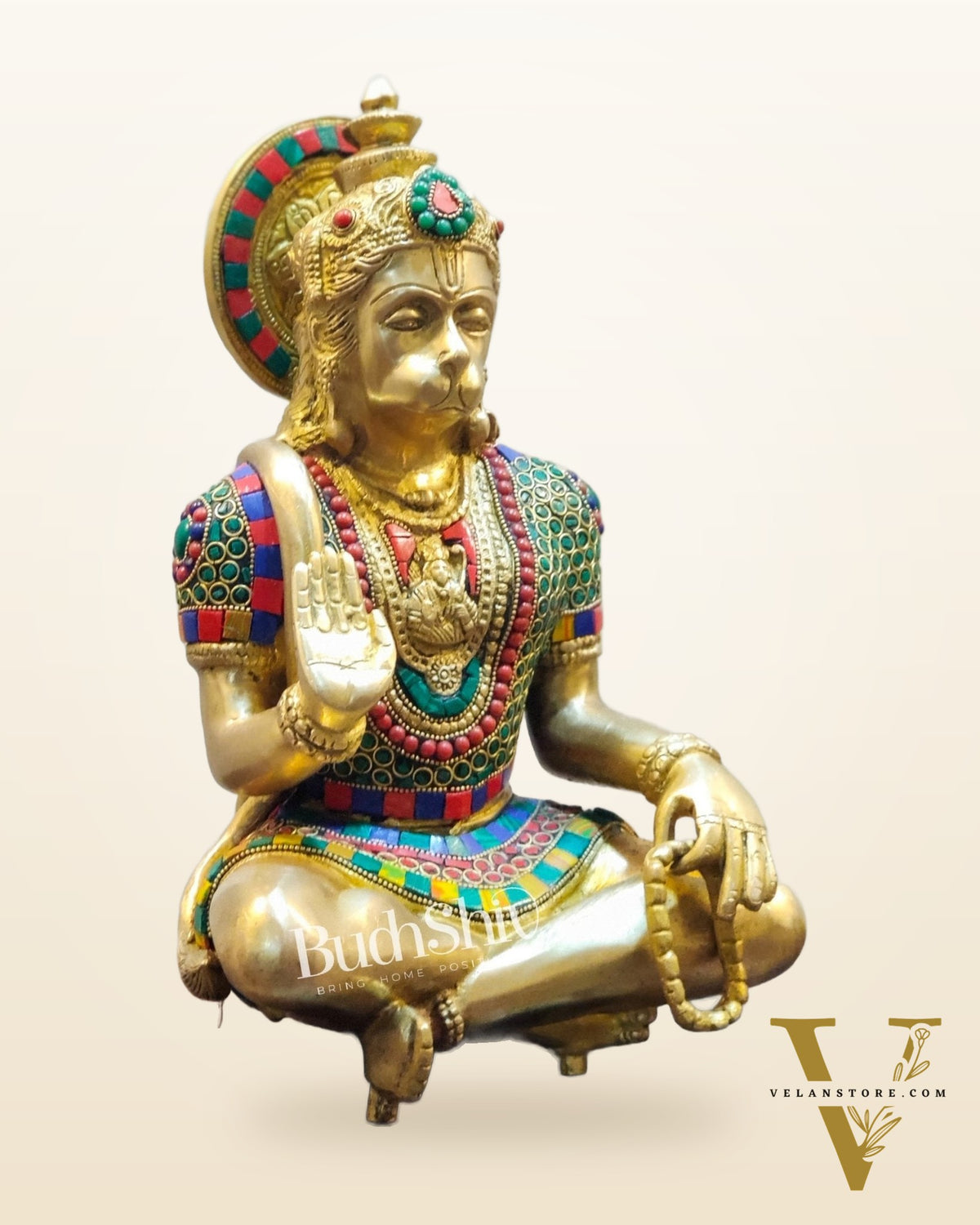 Hanuman Brass Idol in Aahirwaad mudra with stonework 11"