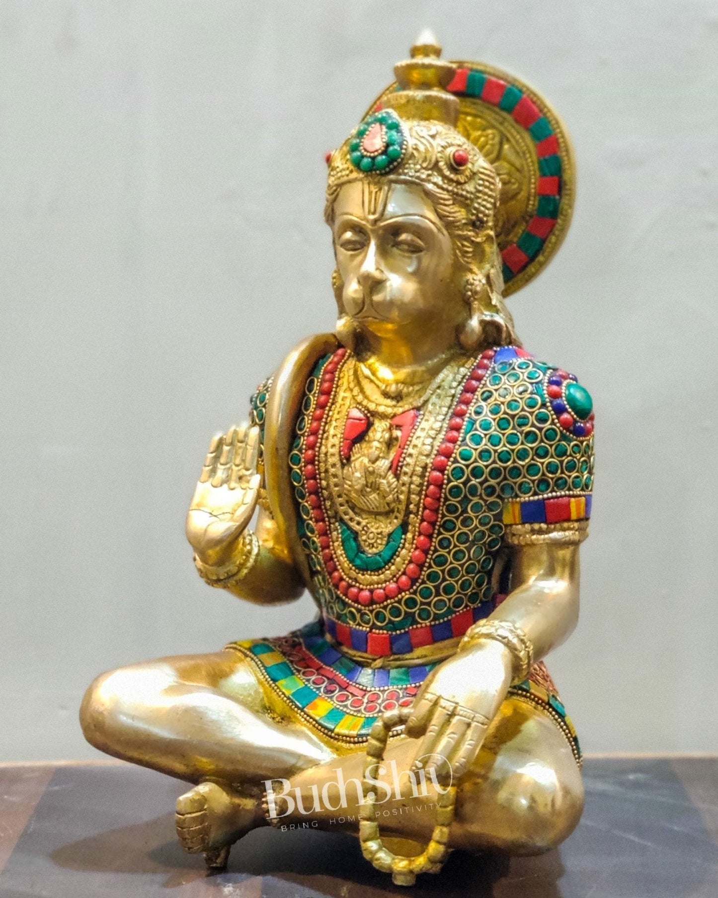 Hanuman Brass Idol in Aahirwaad mudra with stonework 11"