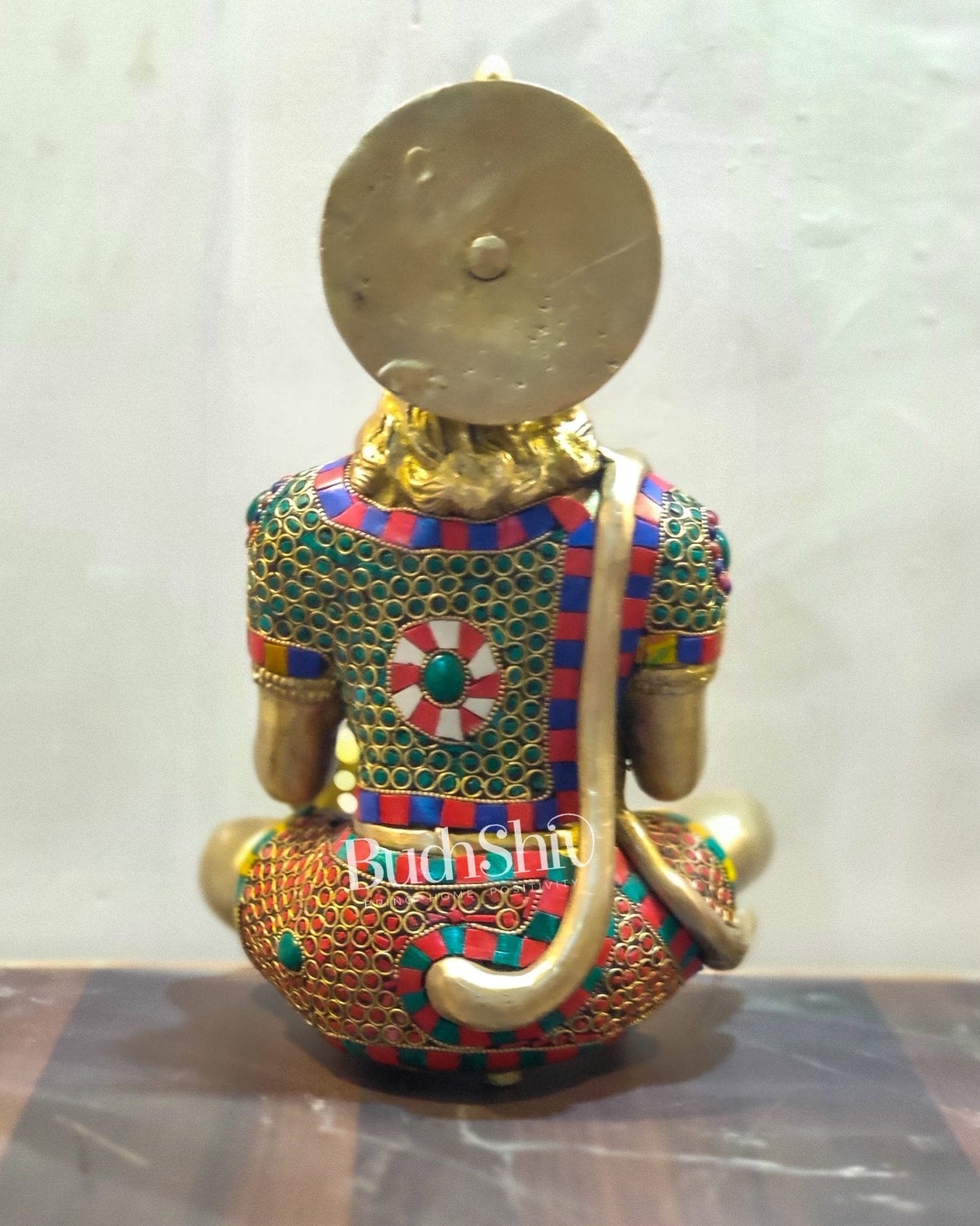Hanuman Brass Idol in Aahirwaad mudra with stonework 11"