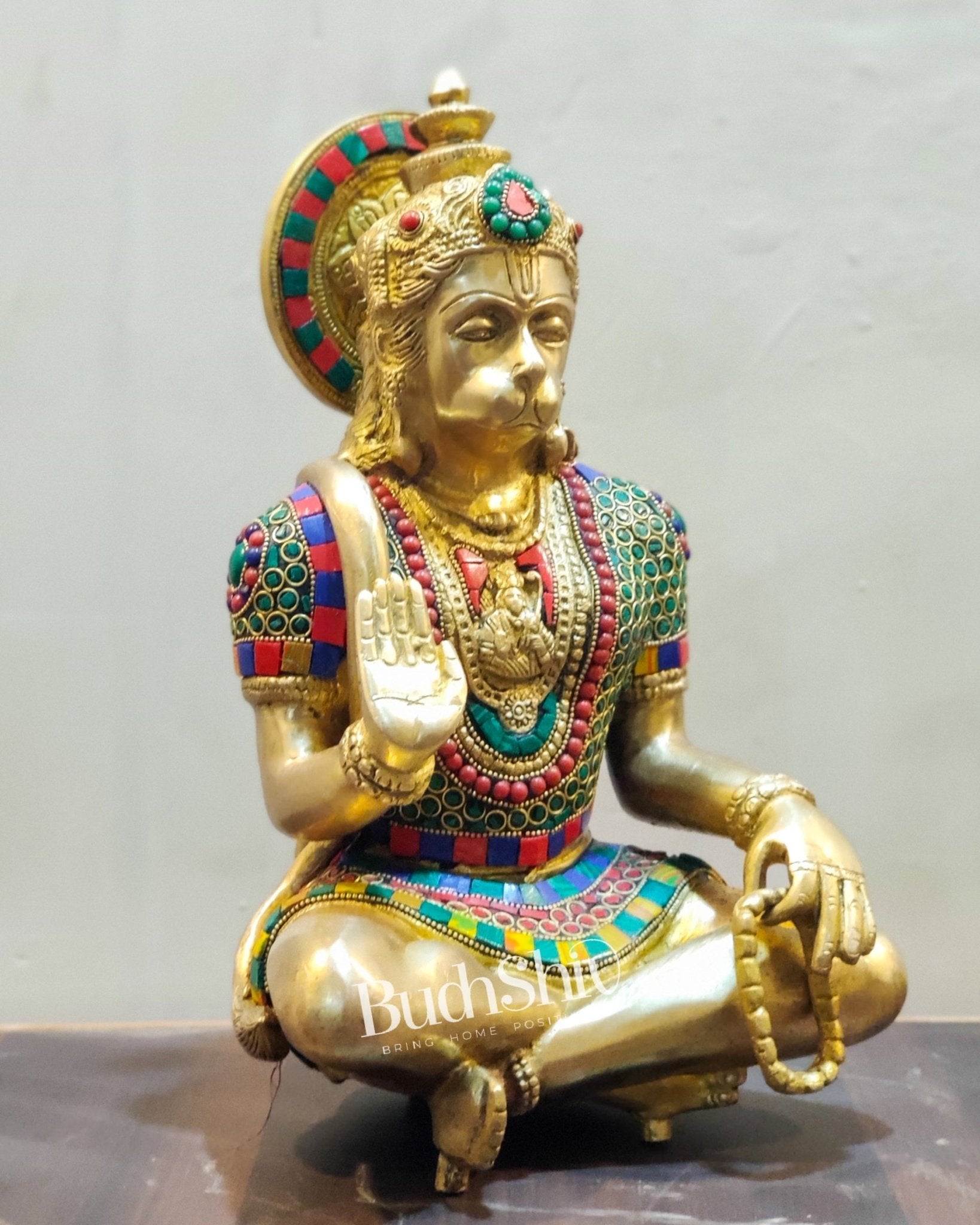 Hanuman Brass Idol in Aahirwaad mudra with stonework 11"