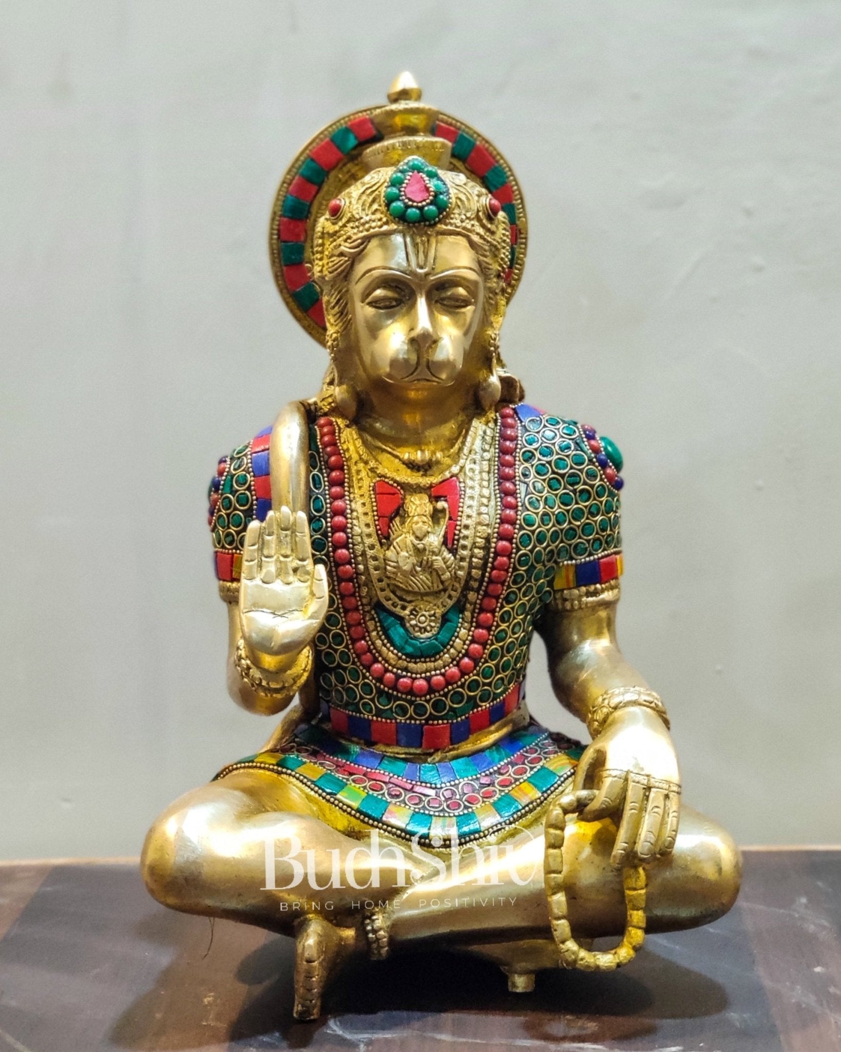 Hanuman Brass Idol in Aahirwaad mudra with stonework 11"